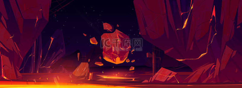 background背景图片_Night alien planet space landscape with rocks and glow lava in cracks. Extraterrestrial mountains panoramic view with stars on sky, pc game background, cosmos exploring, Cartoon vector illustration