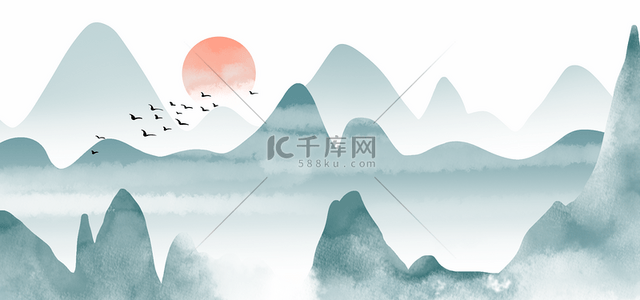 水墨天空背景图片_云雾飞鸟日出山水水墨背景