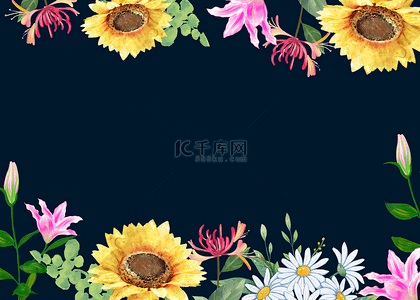 水彩花卉黄色背景图片_黄色向日葵水彩花卉海军蓝背景