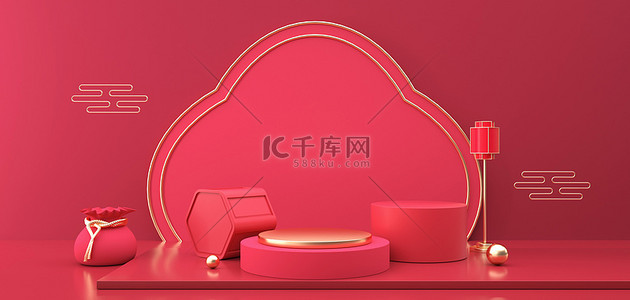 红色国潮海报背景图片_红色背景展示台c4d