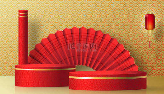 中国元素圆形背景图片_五彩缤纷的圆形舞台- -中国农历新年或中秋节的中式风格- -红木瓜剪彩背景艺术与工艺- -带有亚洲元素.