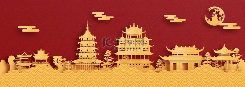 杭州世界著名地标全景明信片和旅游海报剪纸式矢量图解