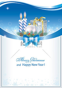 新年快乐，圣诞快乐卡，礼物盒、球和蜡烛，装饰节日装饰，雪花和带蝴蝶结。矢量说明