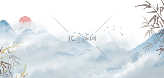 中国风竹子山水水墨古风清明节海报背景