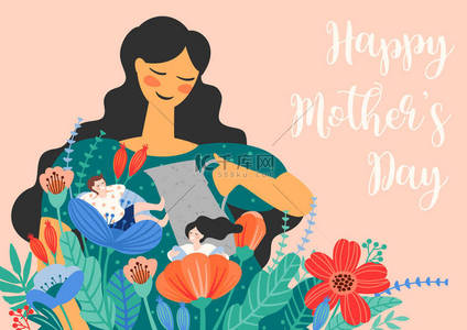 儿童趴在书桌背景图片_母亲节快乐。妇女和儿童在花朵中的病媒图解.