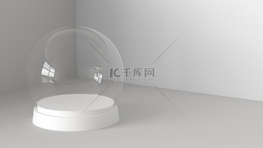 空雪玻璃球与白色背景上的白色纸盒。3d 渲染.