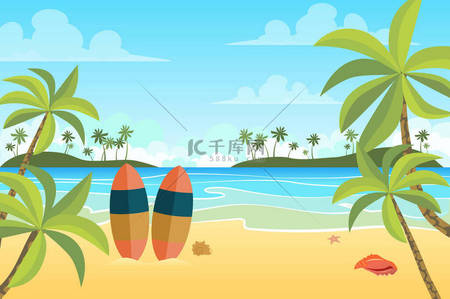 度假胜地背景图片_热带海滩,有冲浪板景观背景,风格平坦.海滨或海洋、岛屿上的棕榈树、海滨度假胜地的积极娱乐活动。自然景观。网页横幅的矢量图解