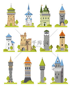 卡通城堡矢量童话中世纪塔幻想宫殿建筑在王国童话兰插图高耸的一套历史童话高耸的房子孤立在白色背景