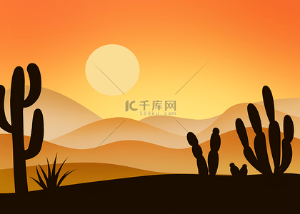 墨西哥仙人掌背景图片_沙漠日落黄昏抽象卡通大自然背景
