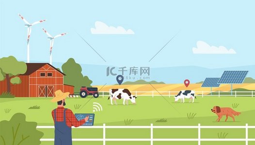 农场跟踪技术机器人放牛农民通过平板电脑和地理标签观看奶牛现代移动农业农村智能技术矢量卡通平面隔离概念农场跟踪技术机器人放牛农民