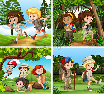 儿童冒险背景图片_孩子们在树林里徒步旅行