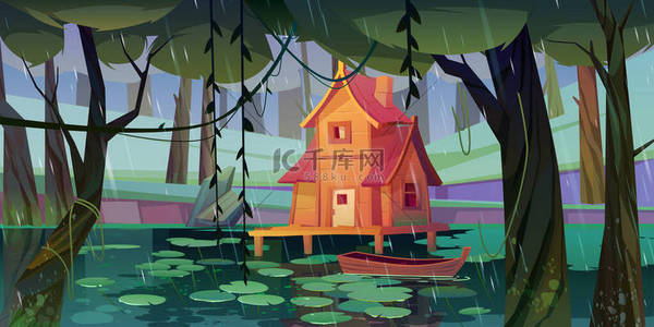 用木船在森林沼泽地建造倾斜房屋.