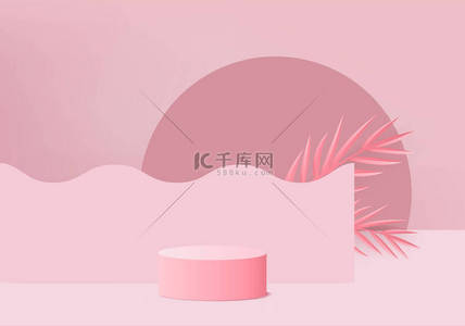 背景矢量3D粉色渲染与讲台和最小的粉红色墙壁场景，最小的抽象背景3D渲染抽象几何形状粉色彩绘。现代网站的颁奖舞台。展台3D展示化妆品.