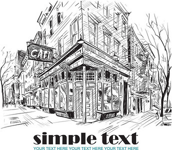 矢量插画的街头咖啡馆在纸张背景上的素描样式。您的文本的的地方.