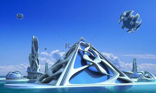 3d 未来主义城市建筑与玻璃金字塔和塔被葡萄酒般的有机结构包围在码头天际线上, 幻想和科幻小说插图.