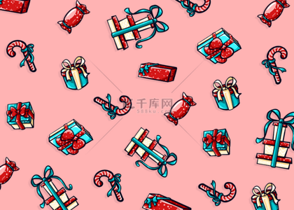 圣诞节铃铛挂件背景图片_粉色拐杖糖圣诞节平铺背景