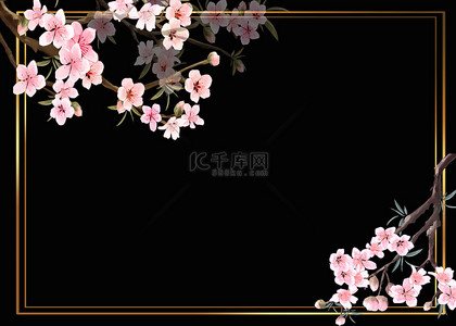 粉色的樱桃背景图片_梅花简约金框黑色背景