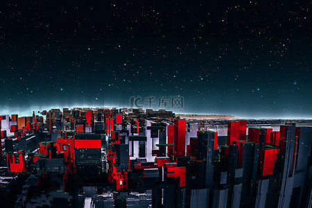 抽象分形五颜六色的红色城市与外太空之星。国防部