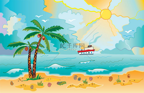 蓝色海滩冲浪背景图片_有棕榈和贝壳的阳光海滩