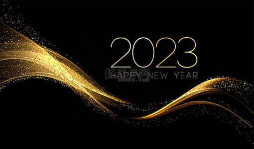 2023新年快乐，带着抽象闪亮的金色涡旋设计元素和深色背景下的闪光效果。圆框日历，招贴画设计