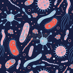 细菌细菌在深色背景向量图中与微生物细胞的无缝模式