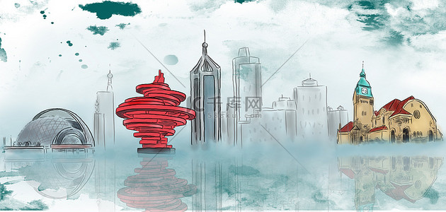 北京地标简笔画背景图片_青岛建筑物墨绿色水墨背景
