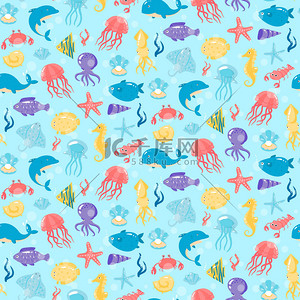 黄龙虾背景图片_无缝模式不同海洋水下动物可爱 c