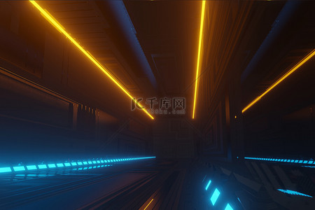 照明走廊室内设计。浅层背景的未来主义隧道。3D渲染.