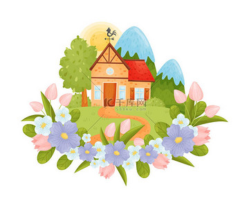 Village house with a red roof. Vector illustration.