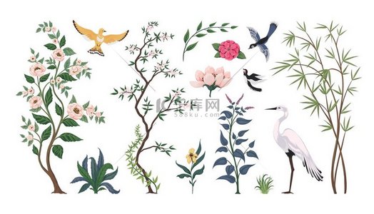中国风鸟类和植物。