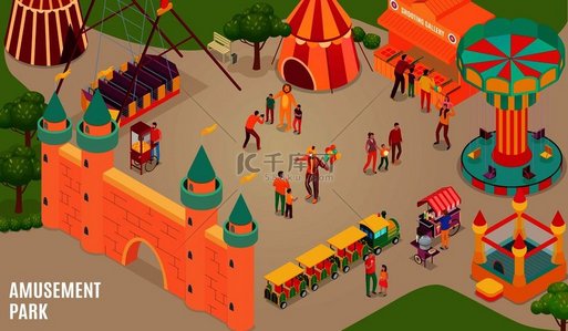 带马戏团艺术家和游客的游乐园旋转木马充气城堡和射击场等距水平矢量插图