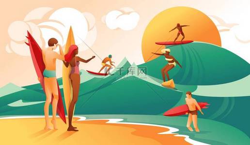 外国男子背景图片_卡通女人男子与冲浪板的人冲浪波