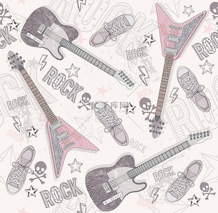可爱吉他背景图片_可爱 grunge 抽象图案。无缝模式用吉他，sho