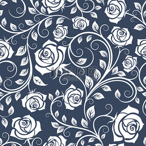 无缝背景叶背景图片_White and blue seamless pattern with roses