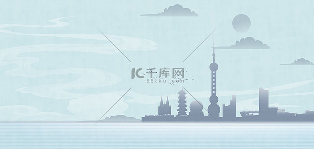 蓝色工笔画背景图片_新式中国风上海建筑蓝色简约中式城市标志