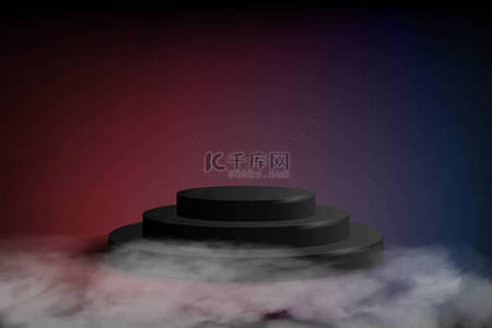 black podium on dark blue and red background. Empty cylinder pedestal for product show, surrounding with smoke or fog. Mystical scene with platform vector mockup