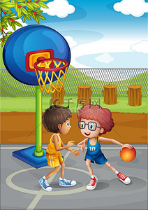 打篮球背景图片_两个男孩在篮球场打篮球
