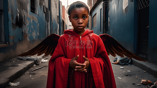 破旧街道红色天使儿童降临人间