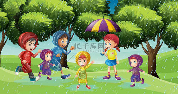 运行中背景图片_小孩在雨中跑步的公园戏 