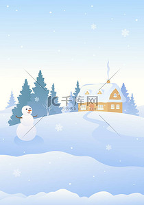 一个可爱的雪人和雪屋的矢量卡通画，垂直背景