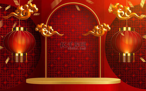c4d风格背景背景图片_3D中秋节、中秋节、红剪纸、扇子、花卉及亚洲元素，背景为工艺风格.