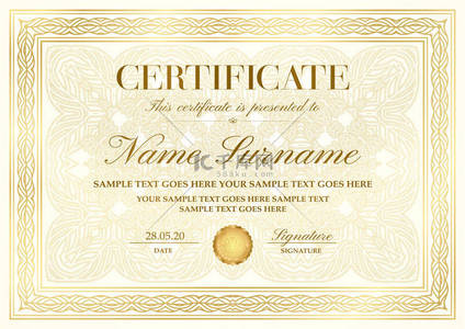 border背景图片_Gold elegant certificate with golden border (frame), curve pattern with fine line ornament on background. Vector template for invite, diploma