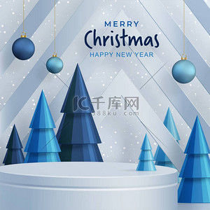 圣诞快乐，新年快乐，节日或节日，用蓝纸剪彩艺术和工艺，以节日元素为背景的圆形舞台风格