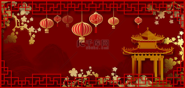 新年快乐红背景图片_新年镂空框红金新年