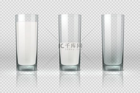 牛奶杯逼真的空的半满的和满的杯子透明背景上隔离着牛奶矢量设置的非酒精乳制品饮料用于健康的生活方式或饮食牛奶杯逼真的空的半满的和满的玻璃杯透明上隔离着牛奶
