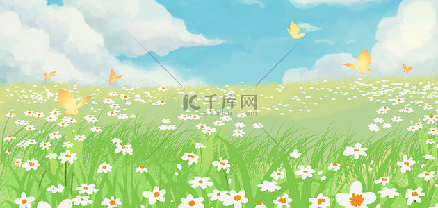 绿色草地花朵背景图片_春季背景草地花朵