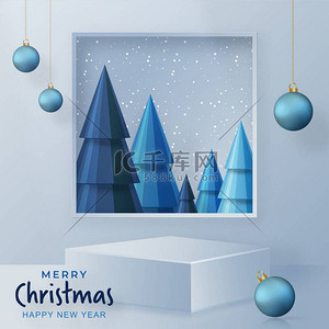 圣诞快乐，新年快乐，节日或节日，用蓝纸剪彩艺术和工艺，以节日元素为背景的圆形舞台风格