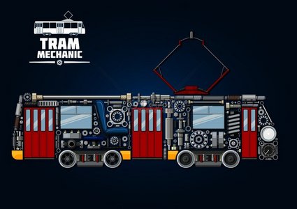 用于公共交通服务设计的城镇电车力学图标，电车由机械齿轮、门窗、受电弓和电机转向架、钢轮和吸收器、车轴和轴承、前灯、阀门和仪表组成。