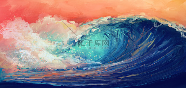 渐橙色背景图片_创意油画风蓝橙色海浪