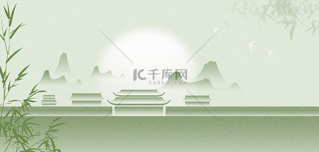 绿色中国风山水背景图片_古风中式中国风庭院
